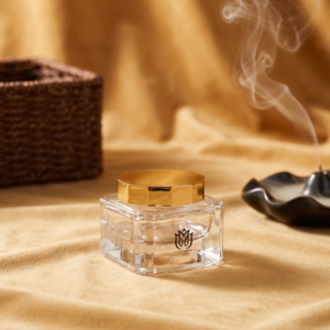 Custom Zamac Screw Cap 100ml Hot Stamped Bakhoor Incense Clear Square Glass Jar